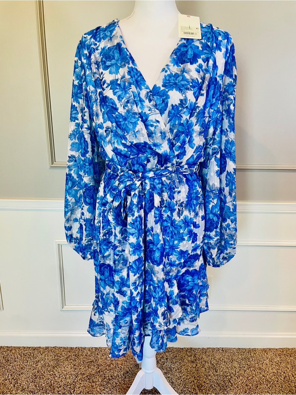 Alex Marie New 12 Dress Laurel Chiffon Cobalt Blue Floral Faux Wrap Long Sleeve